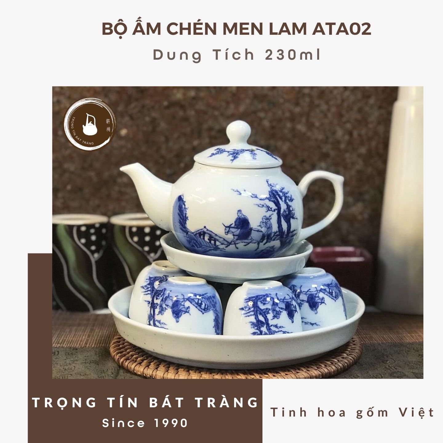 Bộ Ấm Chén Trà Đạo Gốm Trắng Men Lam Bát Tràng Tiêu Dao Dáng Tiêu Anh Dung Tích 230ml ATA 02