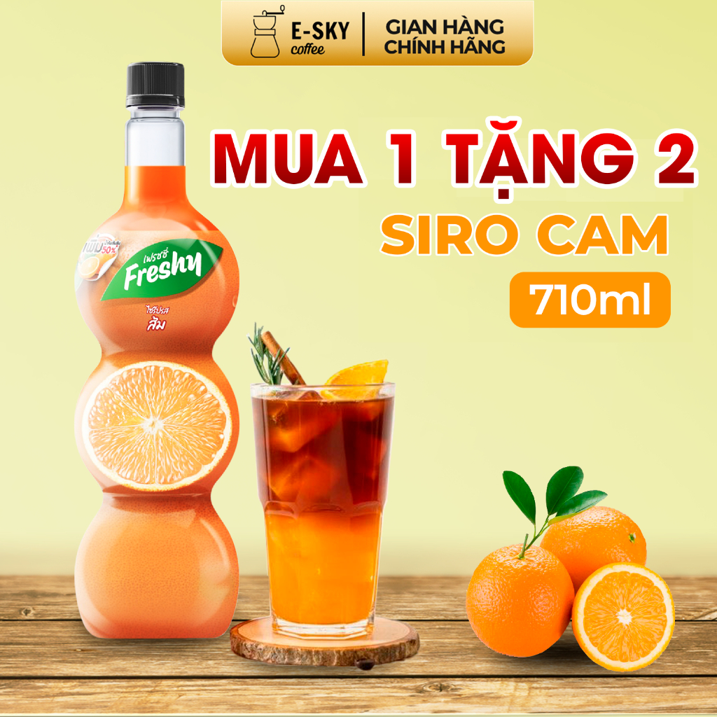 Siro Cam Freshy Orange Syrup Nguyên Liệu Pha Chế Trà Sữa Chai 710ml