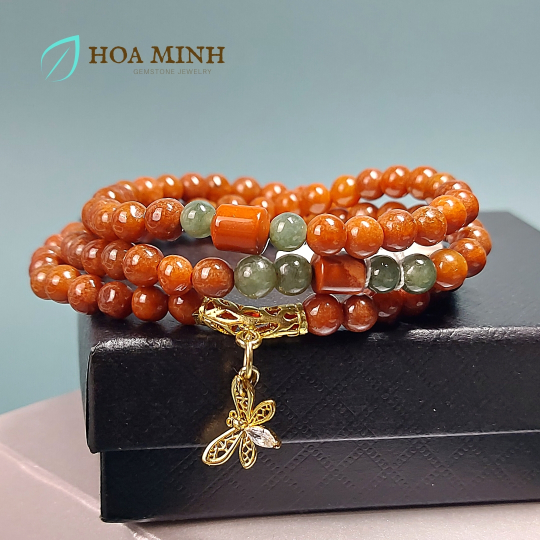 Vòng tay chuỗi Cẩm Thạch Huyết size 5.5 li phong cách đeo quấn 3 vòng phối charm bướm, ngọc jasper, có thể làm vòng cổ