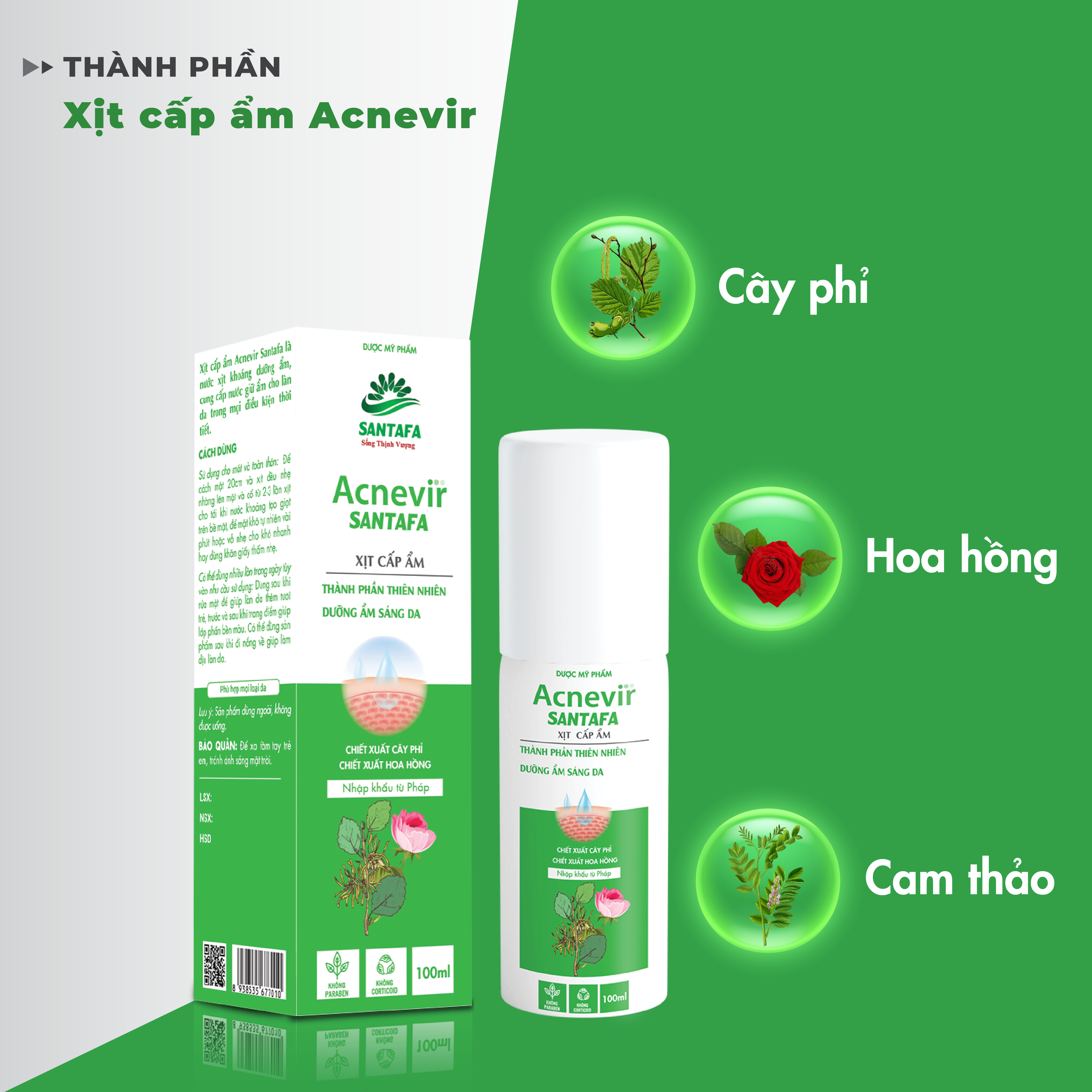 Xịt cấp ẩm Acnevir - Cung cấp độ ẩm và dưỡng chất cho da, cho làn da mềm mại, mịn màng, cho làn da tươi sáng hơn - Chai 100ml