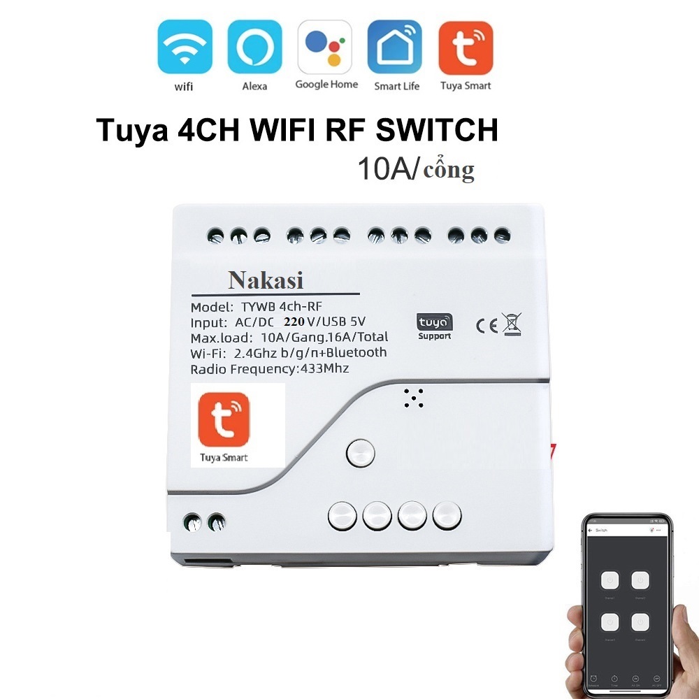 Công tắc thông minh điều khiển qua điện thoại 4 kênh Nakasi - điều khiển wifi 4 cổng