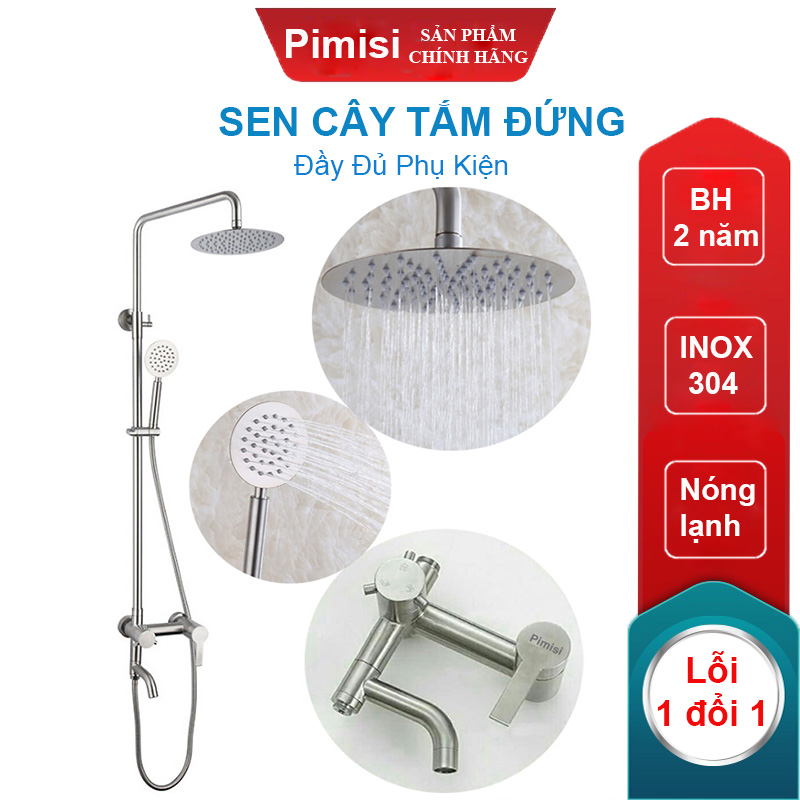 Bộ vòi hoa sen cây tắm đứng nóng lạnh inox 304 kiểu tròn Pimisi đầy đủ phụ kiện với bát sen to - bát nhỏ cầm tay tăng áp dùng được cho cả nhà tắm nhỏ và thấp | Hàng chính hãng