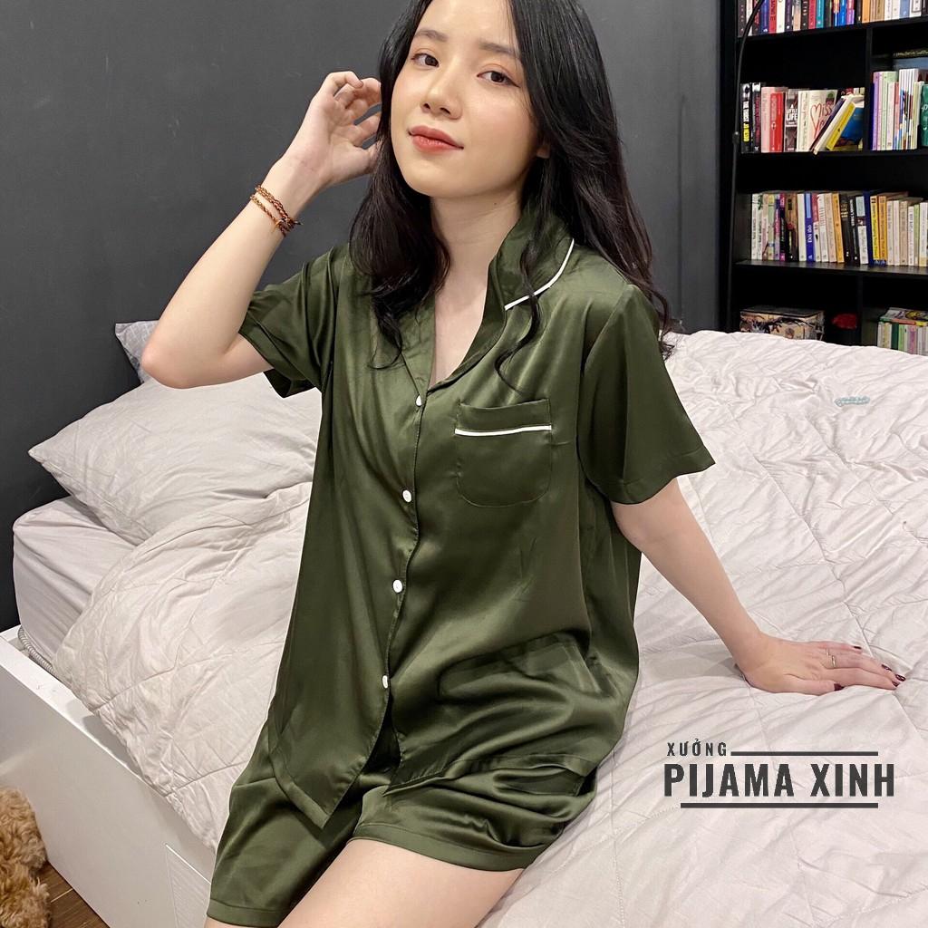 Bộ Pyjama lụa - Chất lụa Latin trơn Màu Xanh Rêu mềm mịn siêu mát Bộ cộc quần đùi