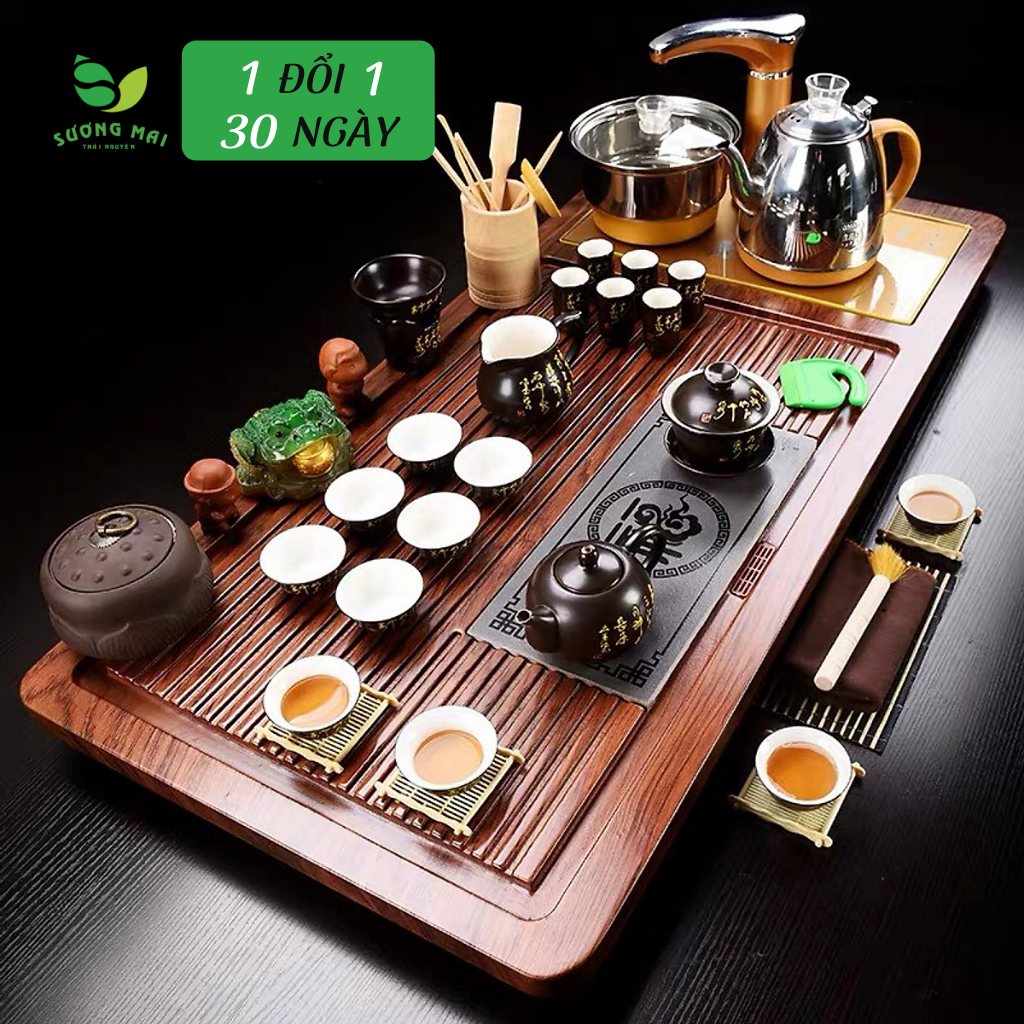 Bàn trà điện thông minh Phúc Lộc – Ấm chén nâu trắng