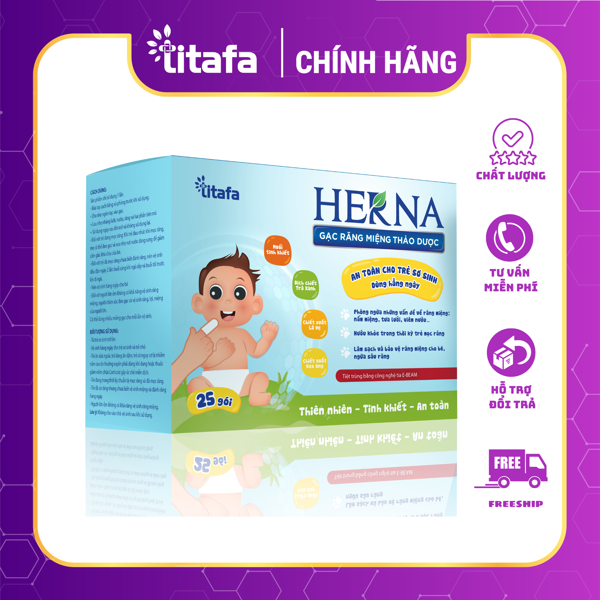 Gạc răng miệng thảo dược Herna (25 gói) - An toàn cho trẻ sơ sinh dùng hằng ngày phòng ngừa vấn đề răng miệng cho bé