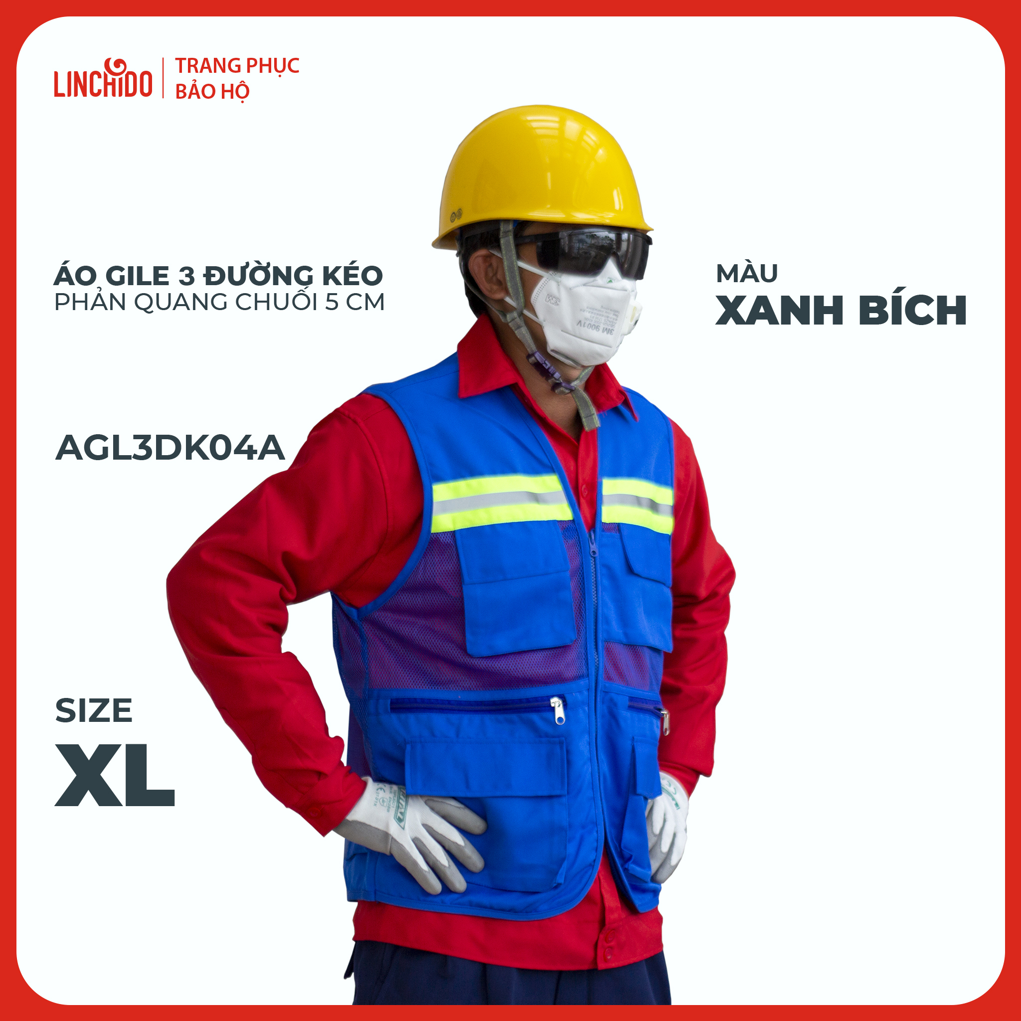 Áo Gile Kỹ Sư, Giám Sát Công Trình, Bảo Hộ Lao Động, 3 Đường Kéo, 6 Túi - Mã AGL3DK04A