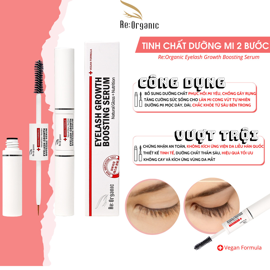 Tinh chất dưỡng mi thuần chay Re:Organic Eyelash Growth Boosting Serum 5ml x 2, chuốt dưỡng mi mày và chân tóc chắc khỏe