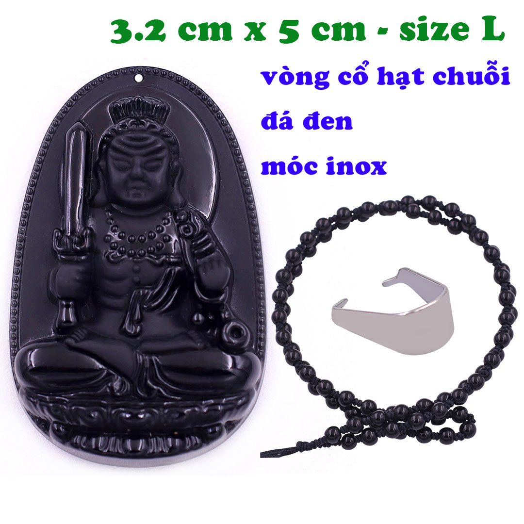 Mặt Phật Bất động minh vương đá thạch anh đen 5 cm kèm vòng cổ hạt chuỗi đá đen - mặt dây chuyền size lớn - size L, Mặt Phật bản mệnh