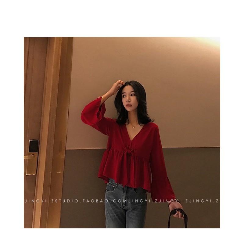 Áo babydoll croptop thắt nơ ngực màu đỏ đô