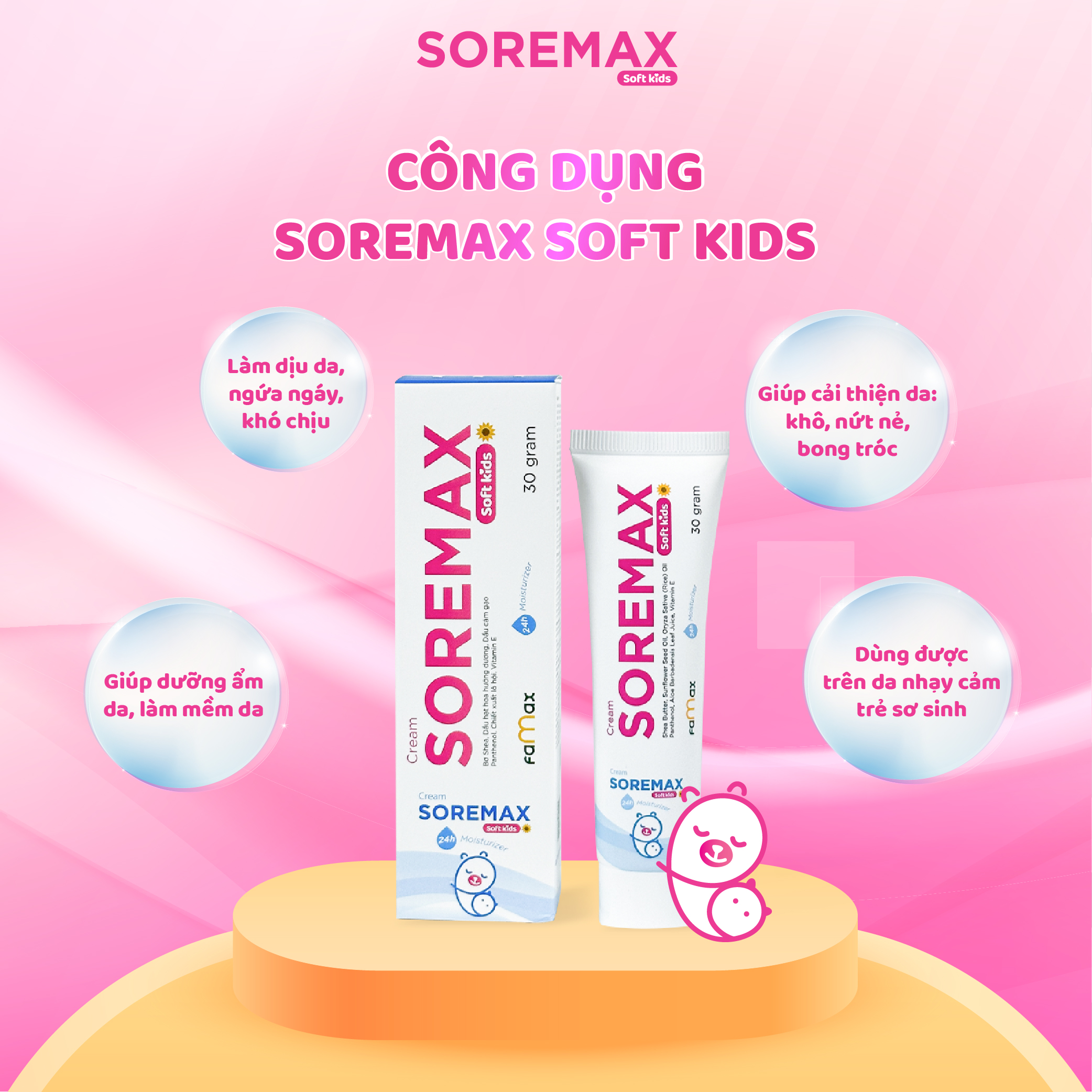 Kem dưỡng ẩm cho bé Soremax Soft Kids 30g chăm sóc làn da nhạy cảm bé yêu