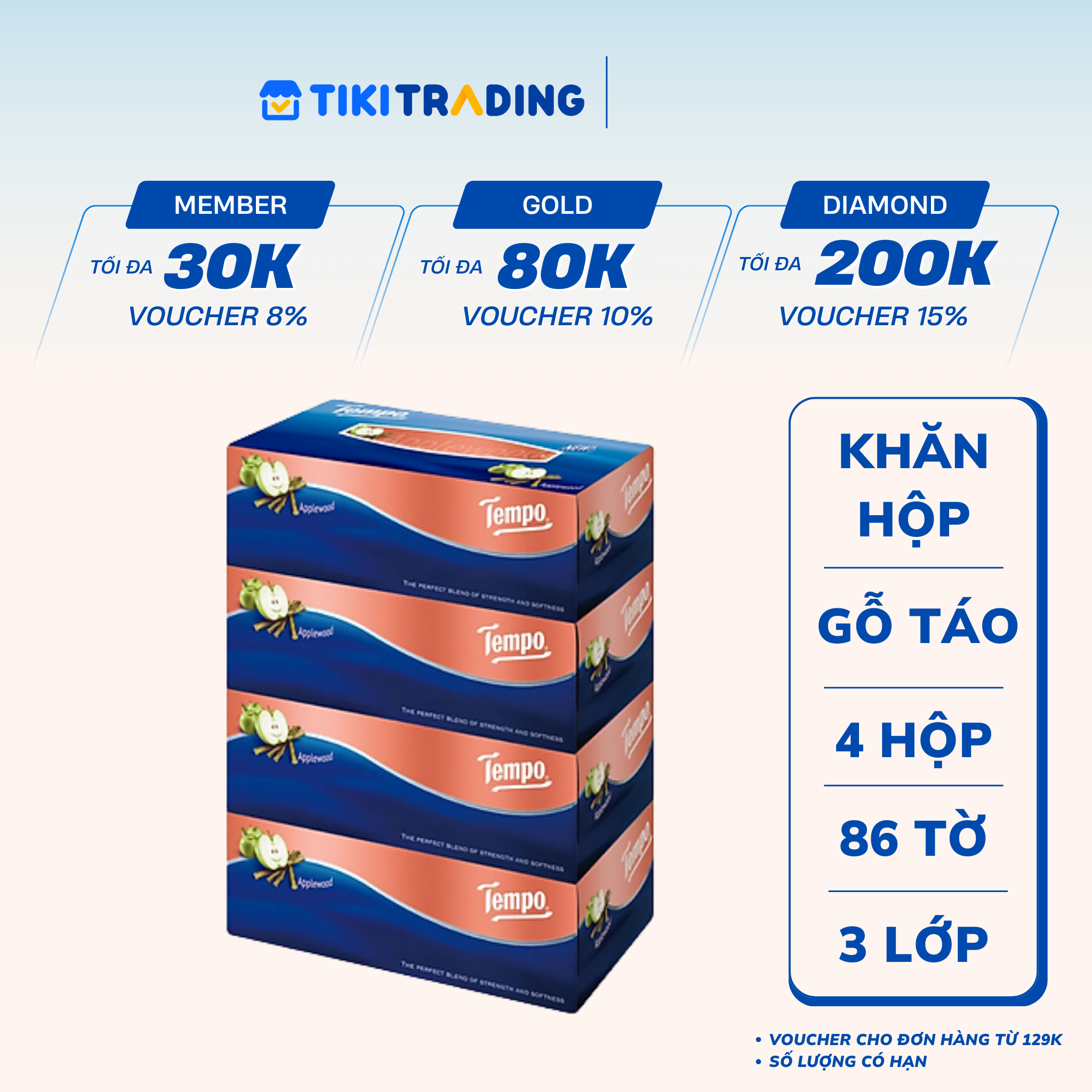 Lốc 4 Khăn Giấy Hộp Tempo 86 Tờ - Gỗ Táo