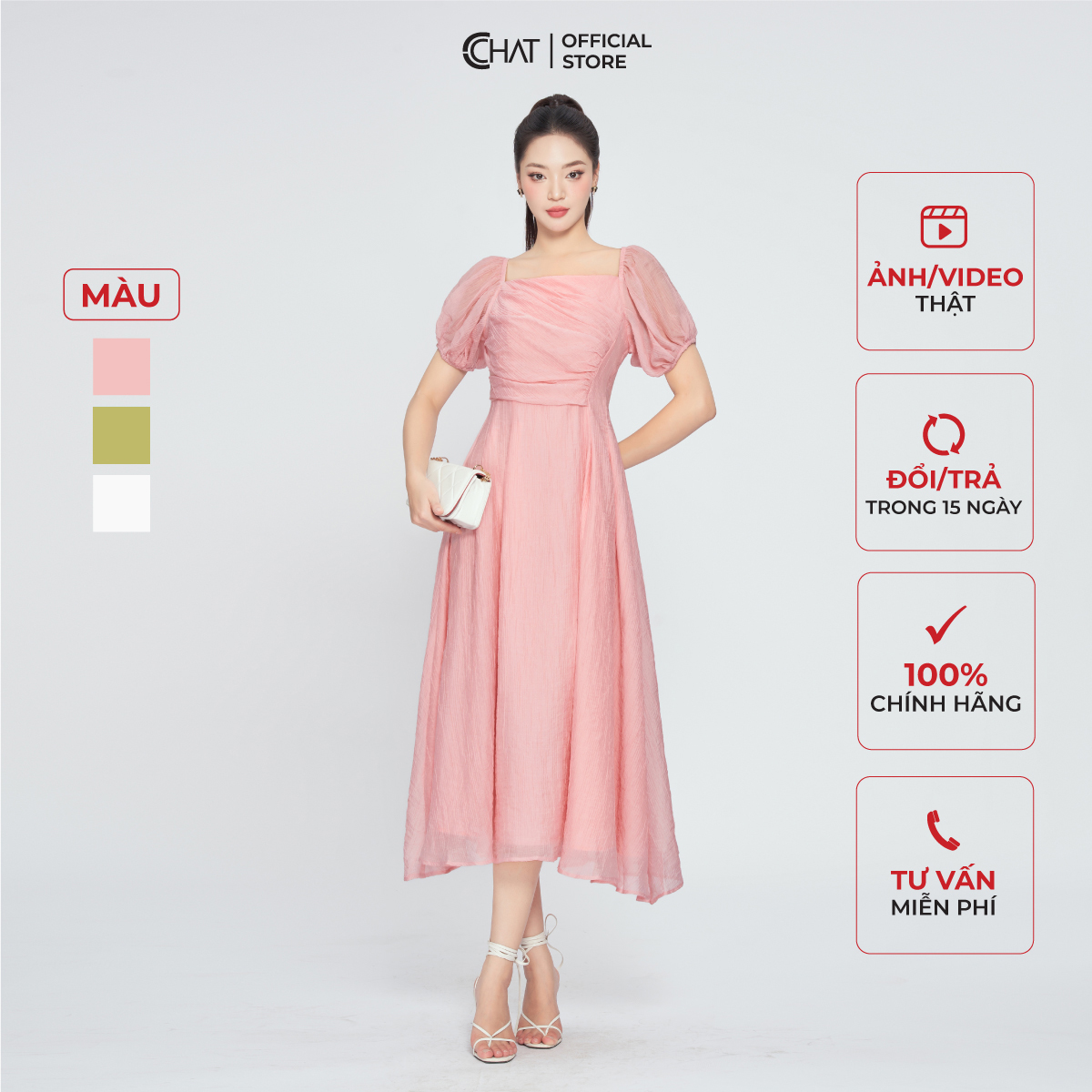 Đầm Nữ CCHAT Nhún Chéo Ly Bung Chất Voan Cao Cấp 13VNV2011XT