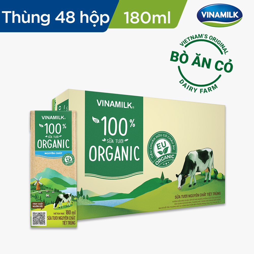 Thùng 48 Hộp Sữa Tươi Tiệt Trùng Vinamilk 100% Organic Nguyên chất (180ml)