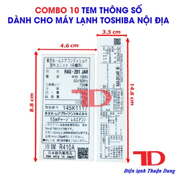 Combo 10 Tem thông số đầu lạnh máy lạnh TOSHIBA nội địa 281UR