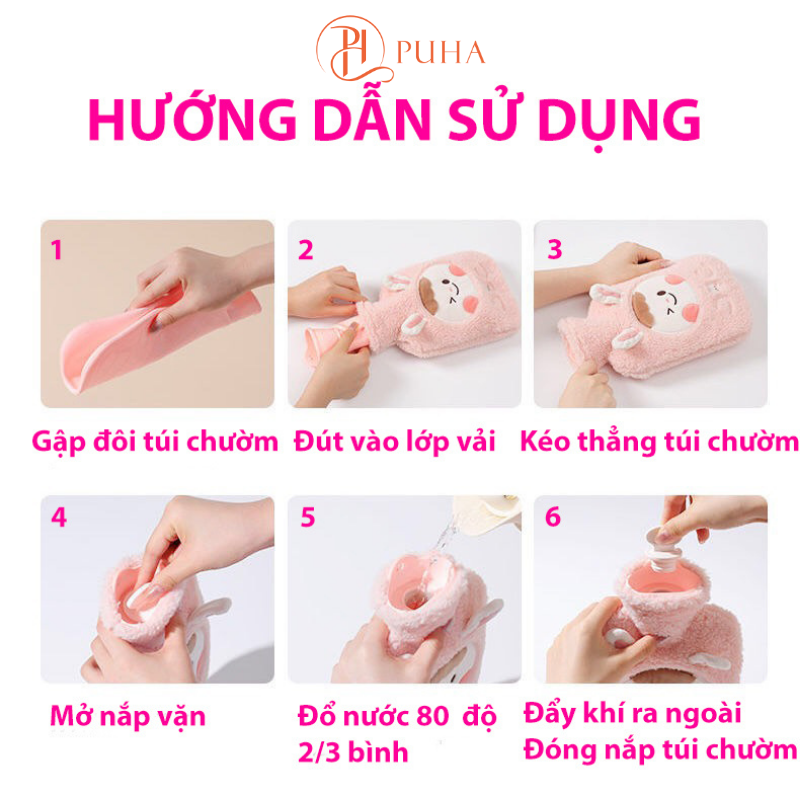 Túi chườm nóng đau bụng kinh PUHA 1000ml, túi sưởi ấm giữ nhiệt đa năng, túi trườm nóng giảm đau hiệu quả họa tiết Thỏ cute