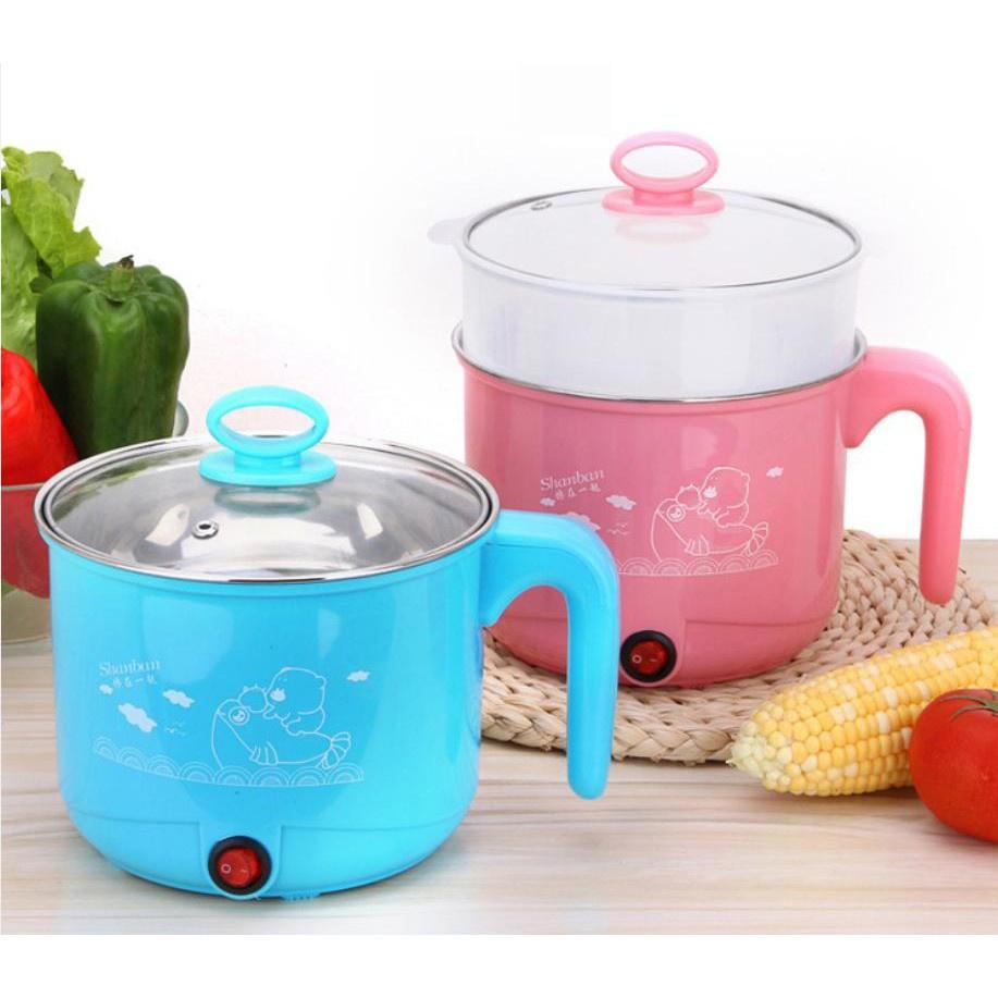 Ca Nấu Mì, Nấu Cơm Đa Năng Có Tay Cầm 1,8L - Nồi Lẩu Điện Mini Kèm Giá Hấp INOX