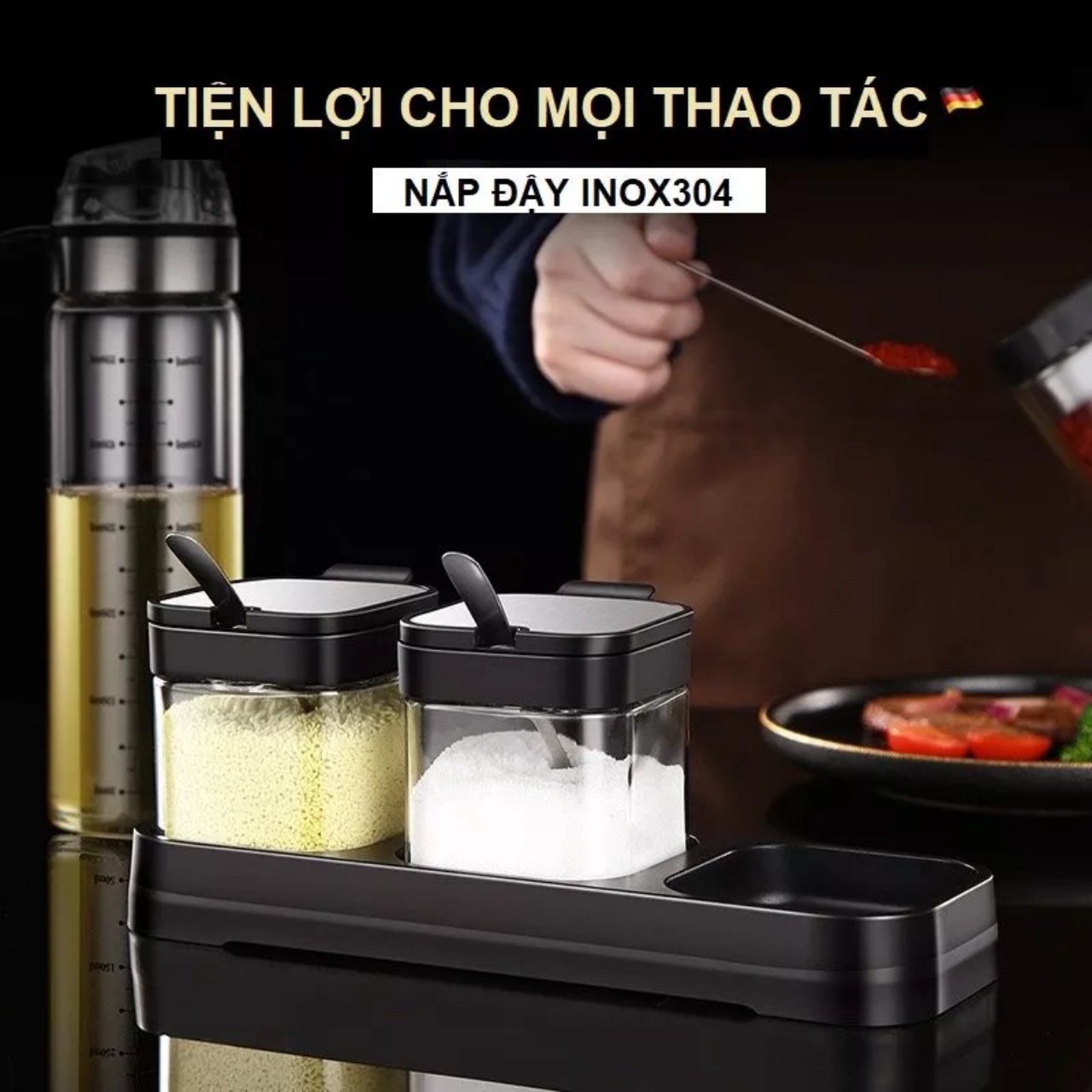 Hũ Gia Vị Thủy Tinh Dày Dặn Nắp Bật INOX 304, Có Thìa Múc Phong Cách Nhật Bản Tinh Tế - HÀNG CHÍNH HÃNG MINIIN