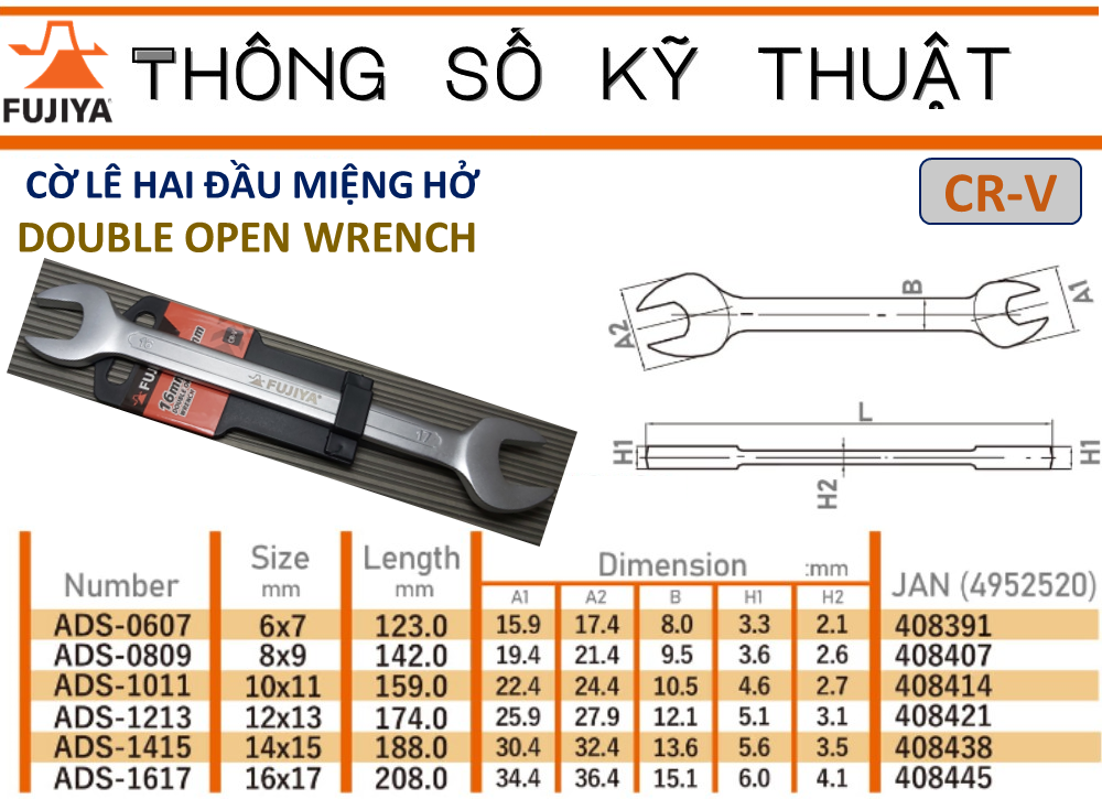 Cờ lê hai đầu miệng hở 12x13mm Fujiya Công nghệ Nhật Bản ADS-1213 Genuine Thép CR-V