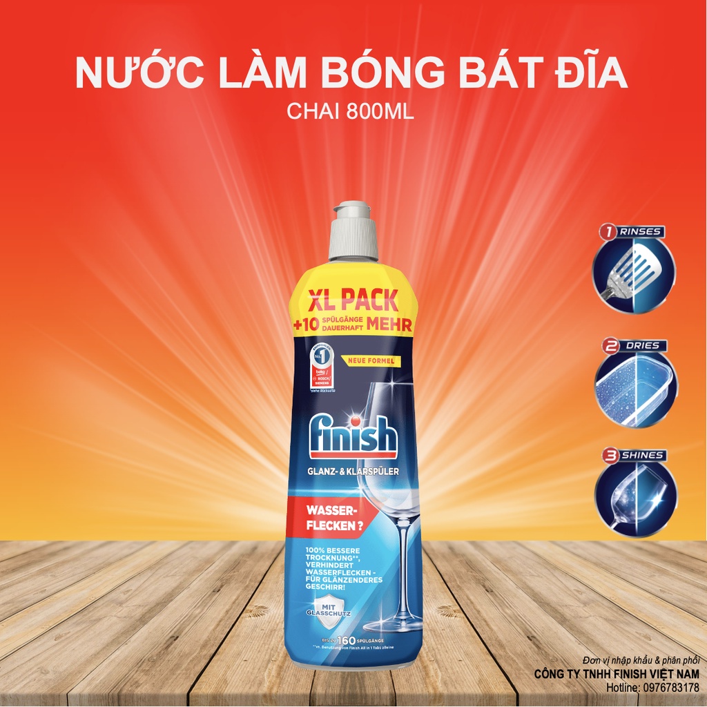 Nước làm bóng và khô chén, đĩa Finish Dishwasher Rinse Aid Shinier &amp; Drier Dishes Lemon Sparkle 800ml QT004996 - hương chanh