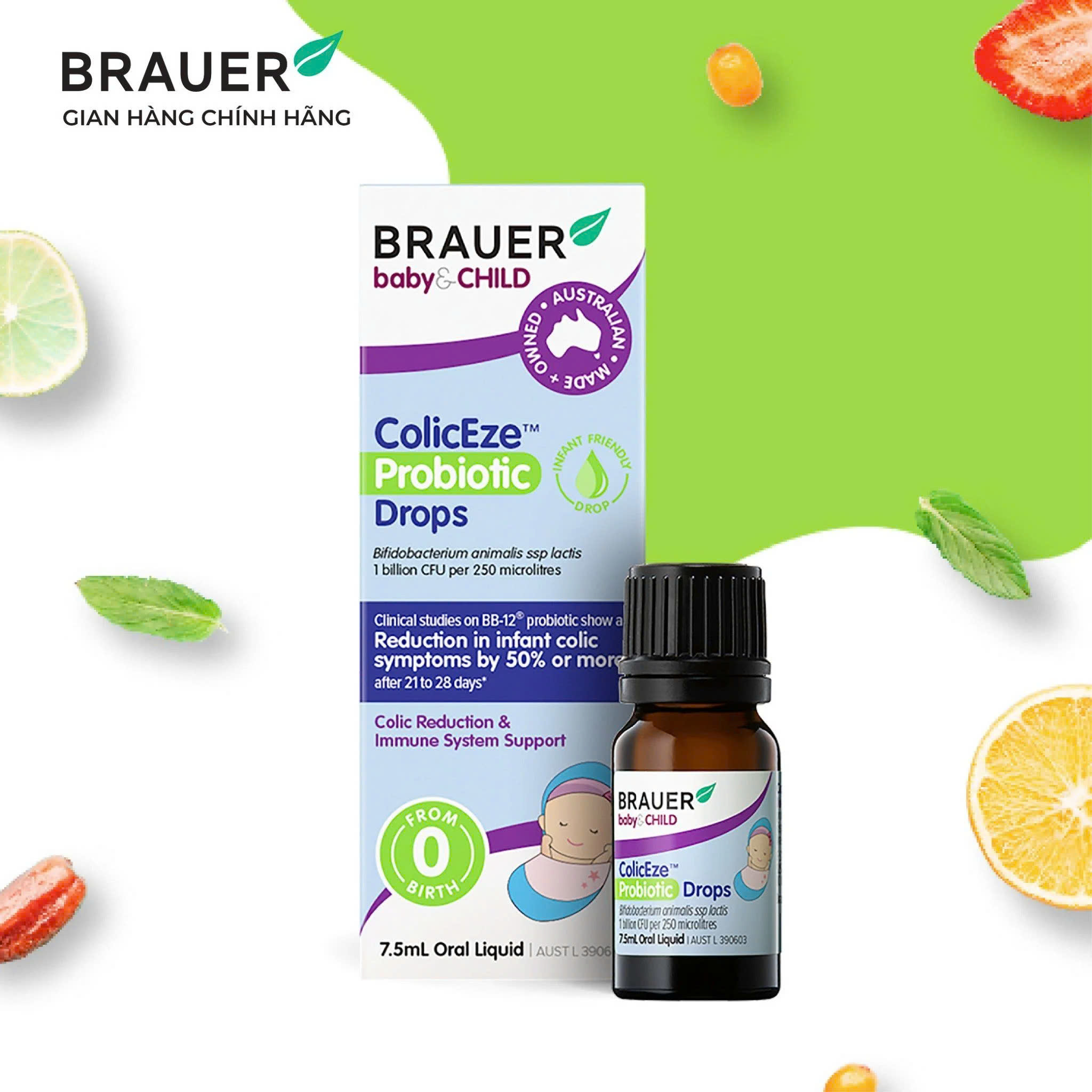 Men vi sinh dạng lỏng Brauer Baby & Child ColicEze Probiotic Drops Hỗ trợ giảm đau bụng 7,5ml