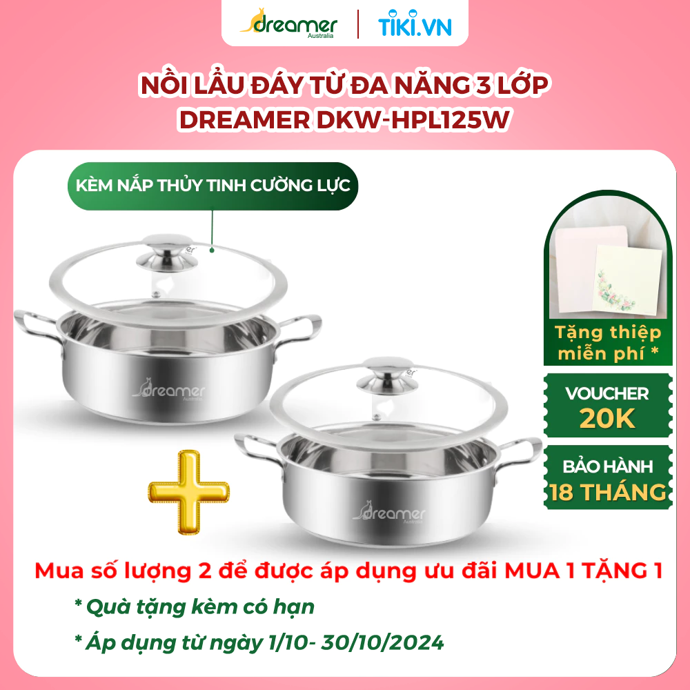 [MUA 1 TẶNG 1] Nồi lẩu đáy từ cao cấp DREAMER DKW-HPL125W có kèm nắp thuỷ tinh, Bảo hành 18 tháng, Hàng chính hãng