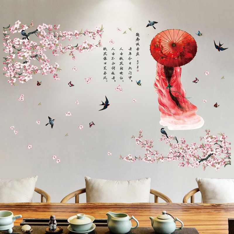 Decal dán tường hoa đào cô gái cổ trang