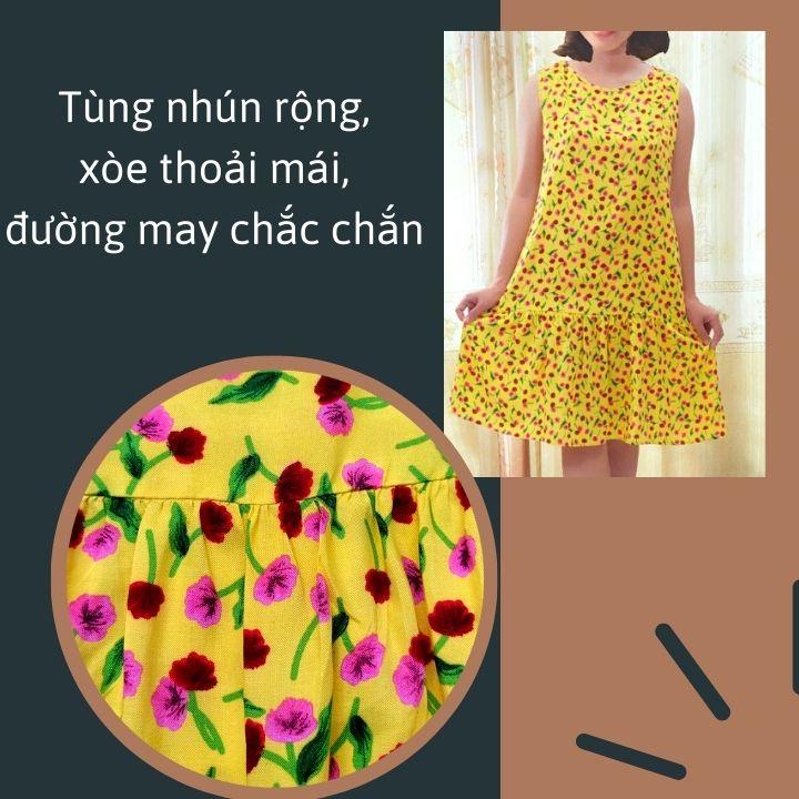 Váy ngủ Đầm nữ mặc nhà Váy dáng xòe chất vải lanh tole thoáng mát họa tiết hình hoa dễ thương New Design DA0001