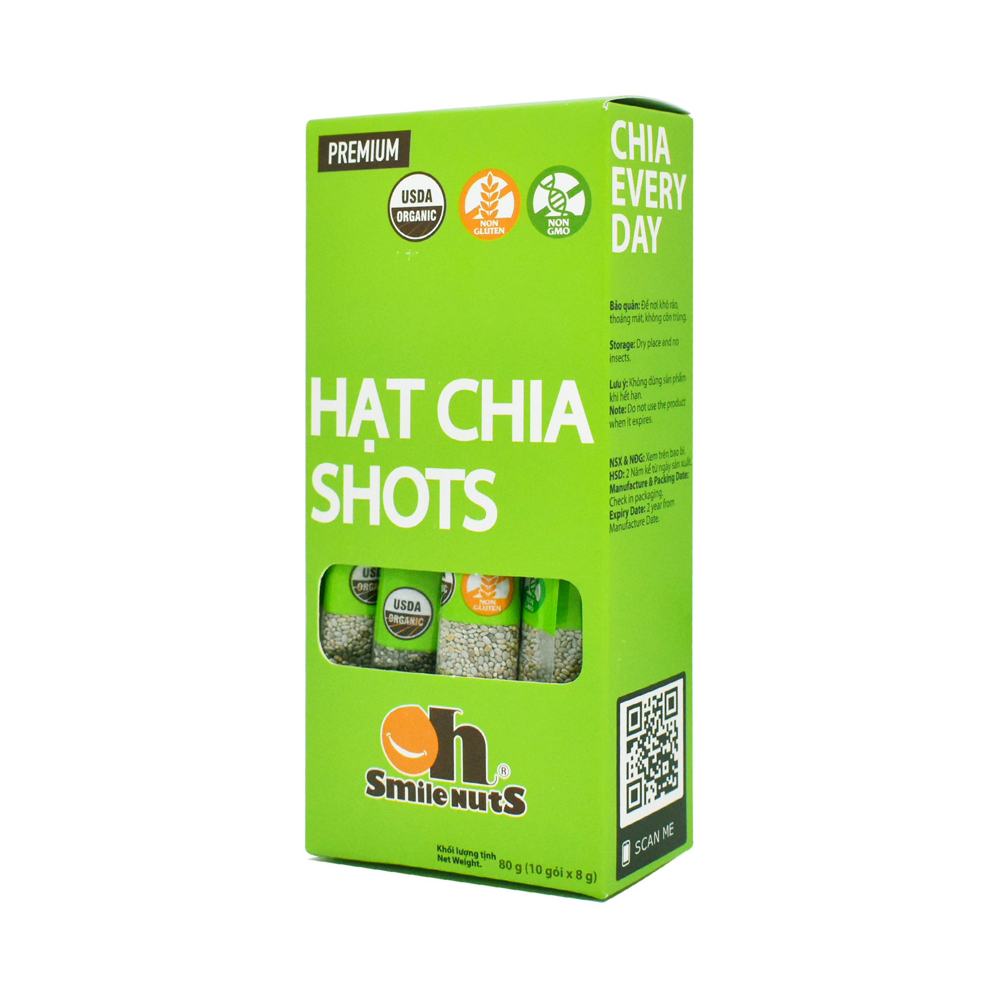 Hạt Chia Shots hữu cơ Smile Nuts gói nhỏ tiện dụng (8g x 10 gói) - Organic Chia Seed Shots (8g x 10 bag) 