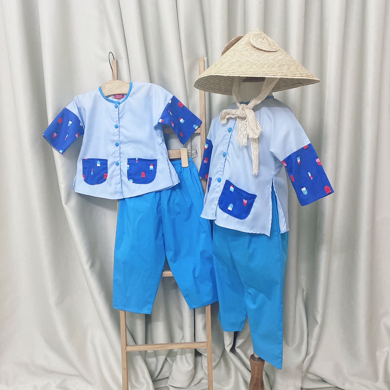 Bộ bà ba bé trai  phối vải in cây kem