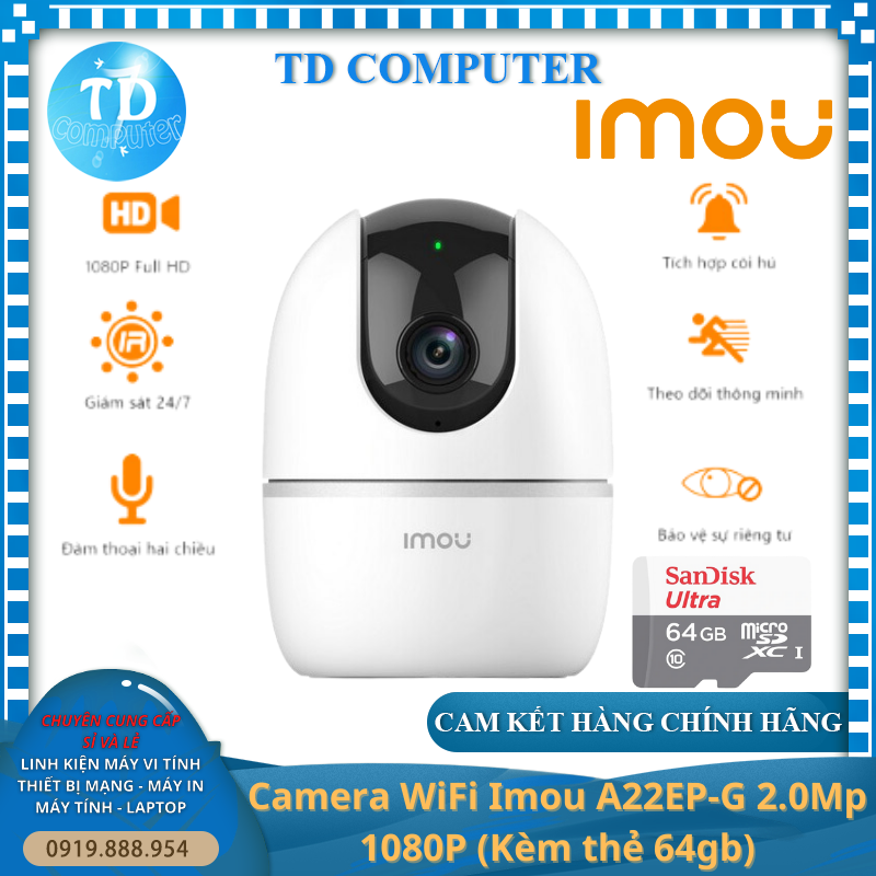 Camera WiFi Imou A22EP-G 2.0Mp 1080P [Kèm thẻ nhớ 64gb] ~ Đàm thoại 2 chiều Quan sát ngày đêm - Hàng chính hãng FPT phân phối