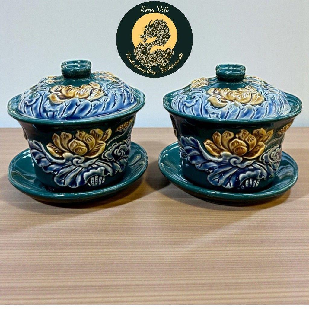 Bát sâm gốm sứ Men Xanh Lục Bảo Đắp Nổi Rồng Việt, đồ thờ cúng Bát Tràng cao cấp