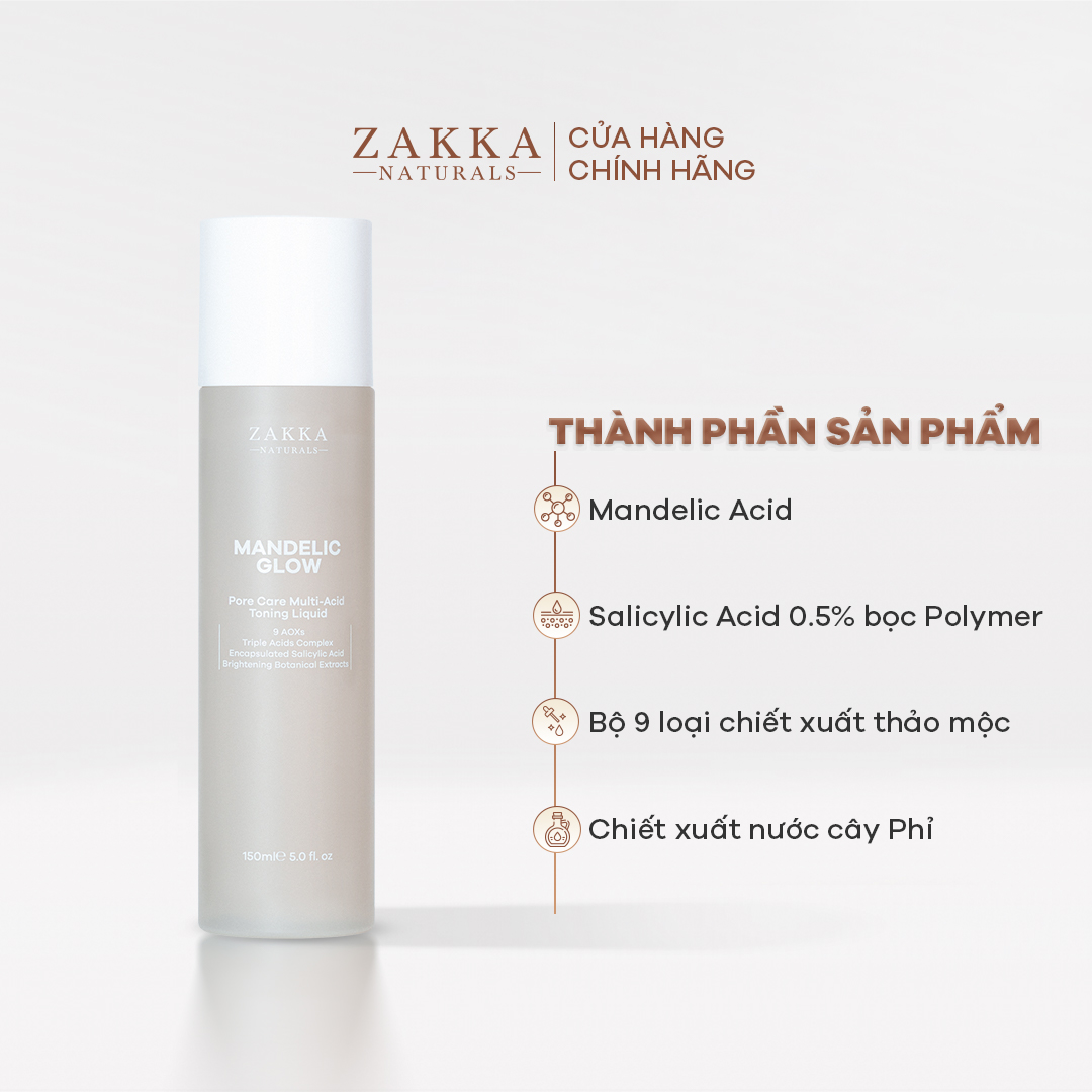 Toner Tẩy Da Chết AHA, BHA Mandelic Glow Zakka Naturals 150ml