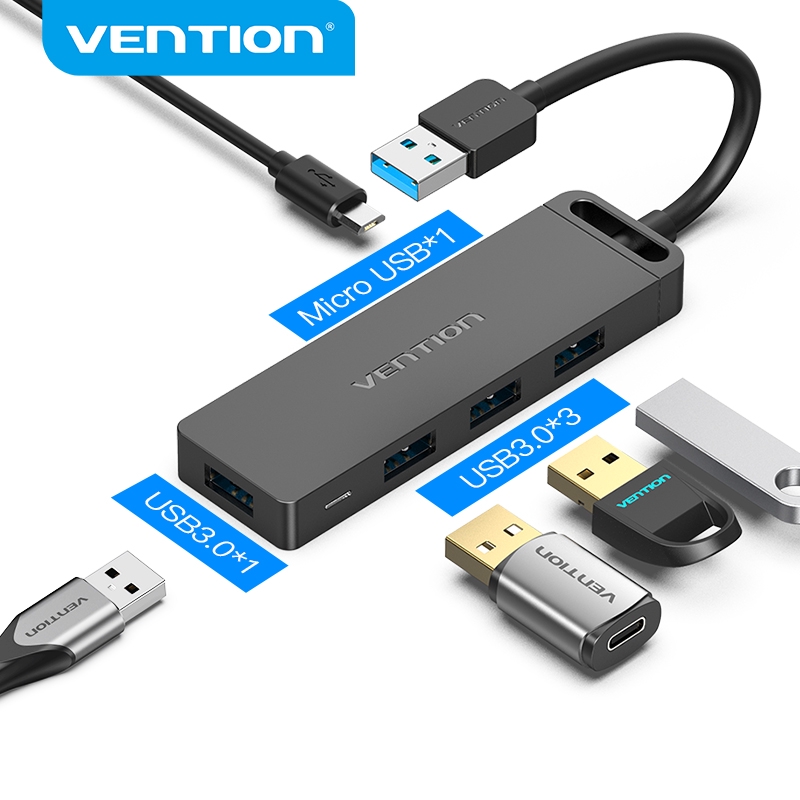 Bộ chia 4 cổng Usb 3.0 - Hub Usb 4 Port USB 3.0 có nguồn hỗ trợ 15cm 50/100cm Vention CHLBB - Hàng chính hãng