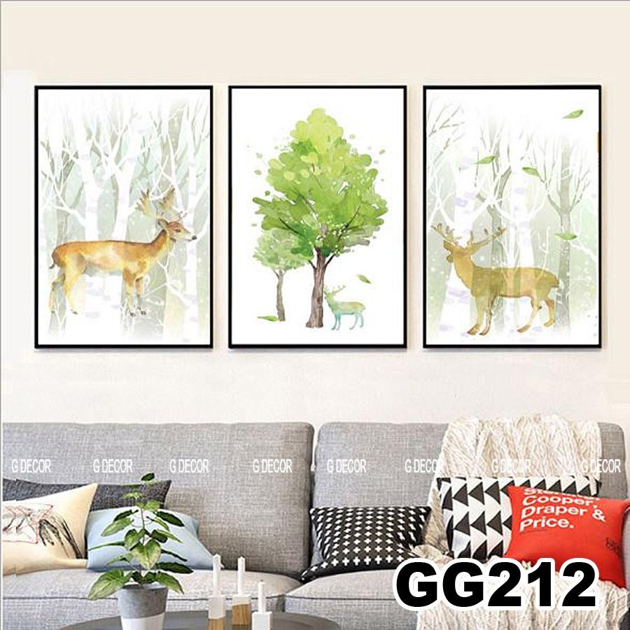 Tranh treo tường canvas 3 bức phong cách hiện đại Bắc Âu 215, tranh hươu trang trí phòng khách, phòng ngủ, phòng ăn, spa