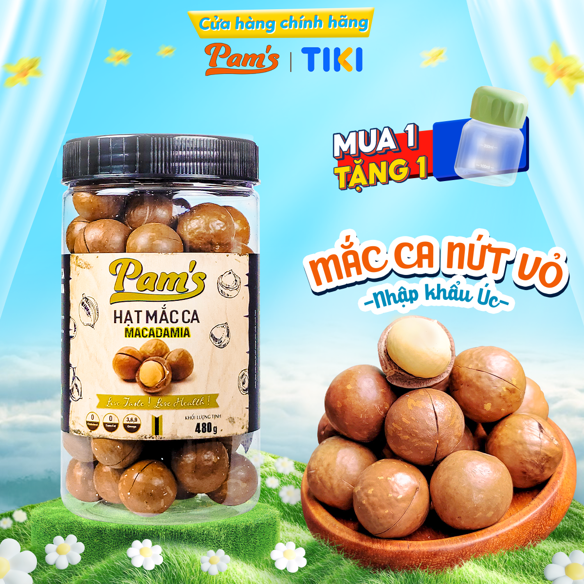 Hạt Macca Úc Nứt Vỏ Pams Tặng kèm khui hạt Macca Hữu Cơ Nhập Khẩu Úc, Hạt A Size 25-28 – 480g