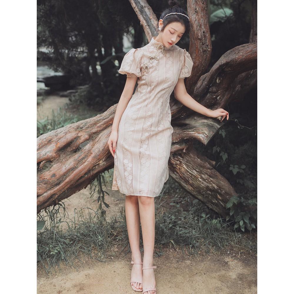 Sườn xám cách tân dáng dài xẻ tà Vintage tay ngắn phồng quý phái sang trọng dự tiệc hàng chuẩn Quảng ẢNH THẬT CUỐI châu