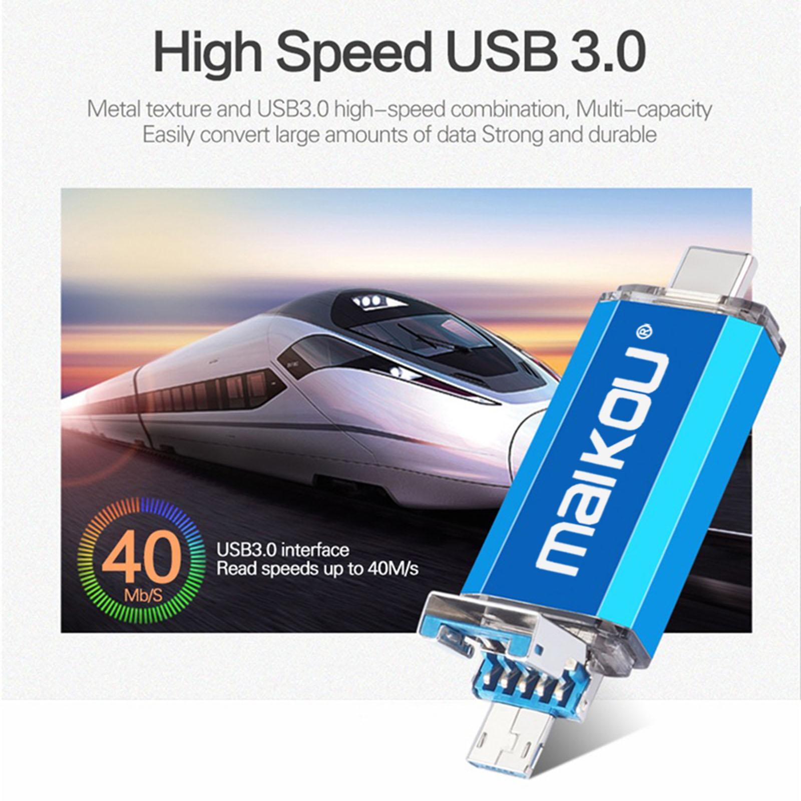 3 in 1 64G USB Flash Drive Type C Micro USB Memory Stick for Phone PC Blue