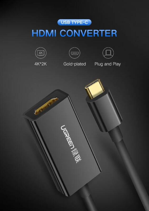 Ugreen UG50249CM139TK 15CM màu Đen Bộ chuyển đổi TYPE C sang HDMI vỏ bọc nhựa cao cấp - HÀNG CHÍNH HÃNG