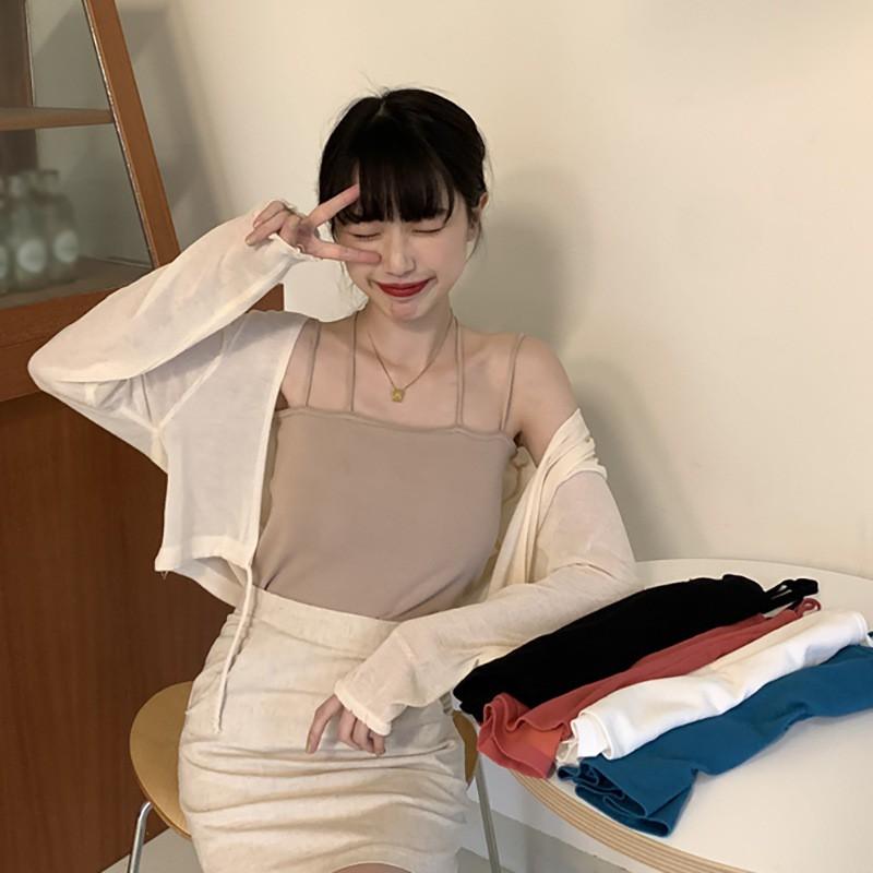 Áo Hai Dây Dệt Kim Một Màu Trơn Nữ Tính Phong Cách Hàn Quốc