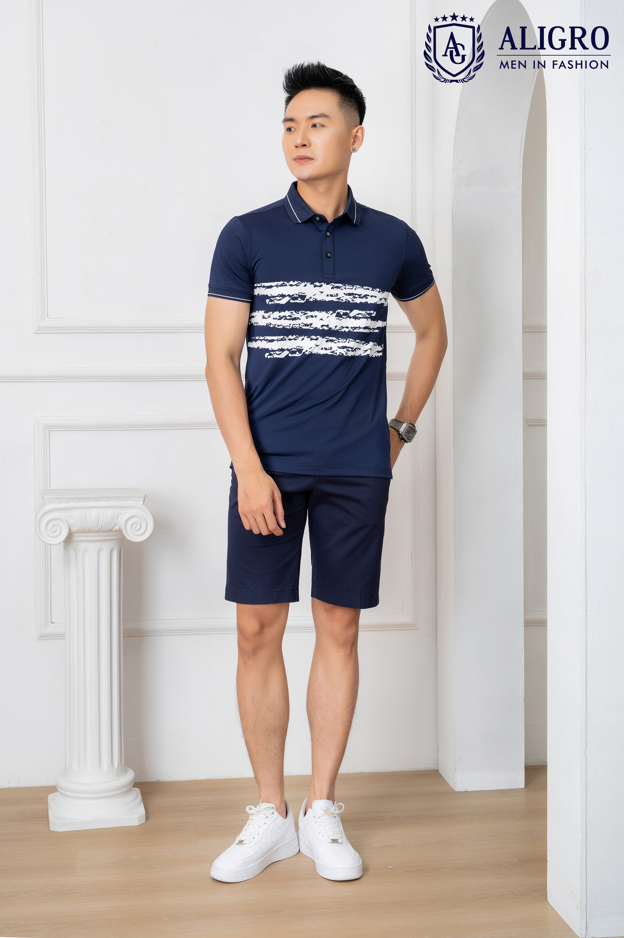 Áo Polo xanh navy phối kẻ ngang Aligro ALGPLO72