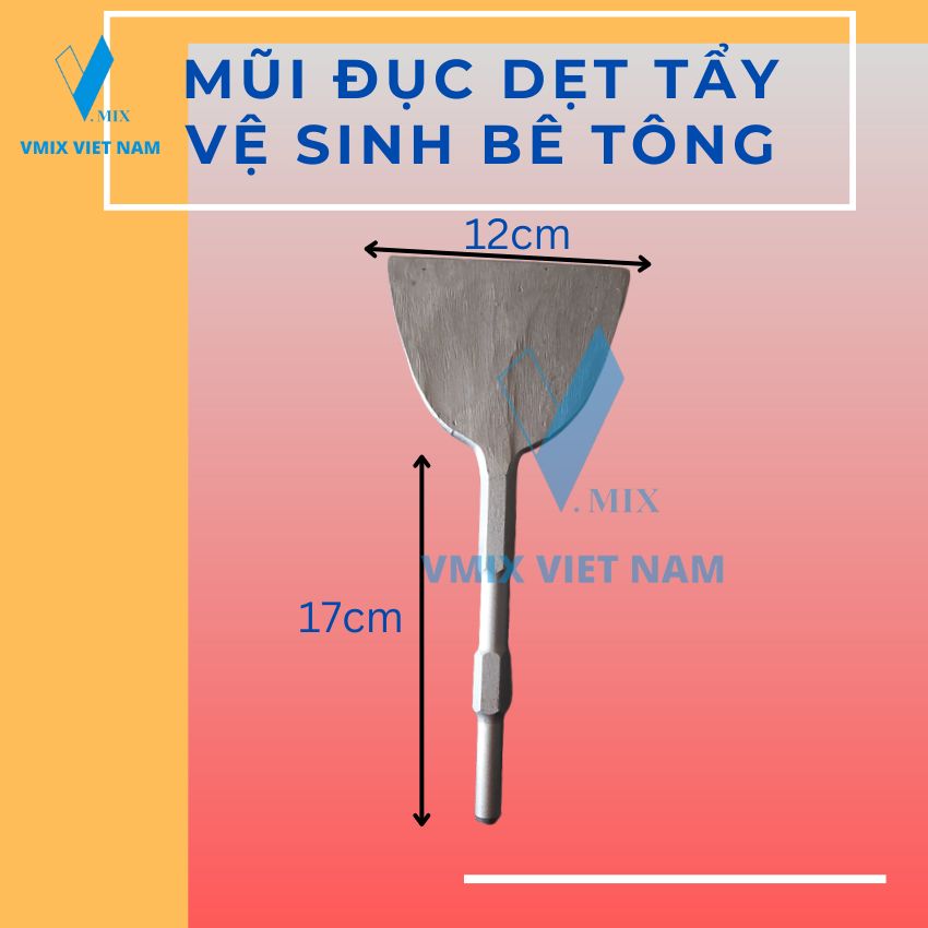 Mũi đục dẹt bản 12cm, chuôi 17mm, vừa với tất cả các loại máy đục, bản to vệ sinh cực nhanh, tiết kiệm thời gian.