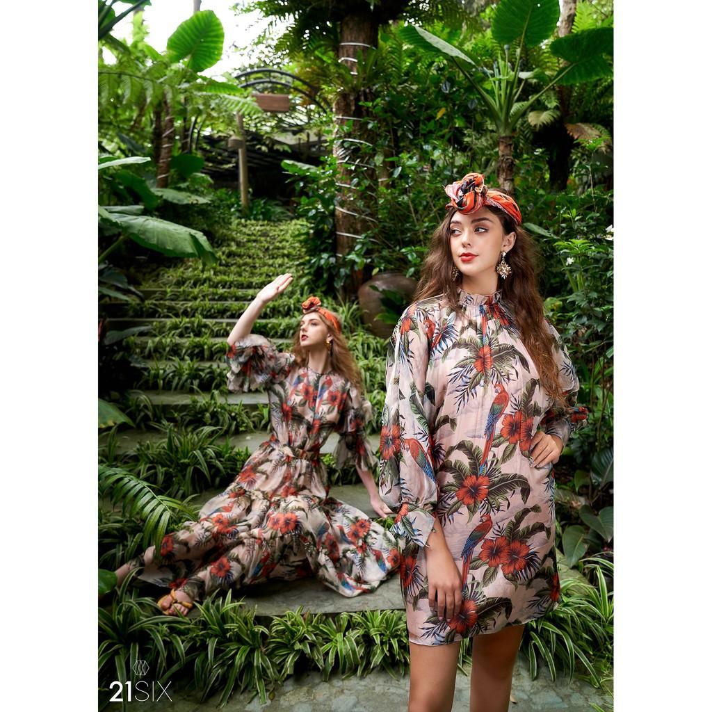 Váy tơ óng suông cổ nhún in tràn 21SIX - V00595