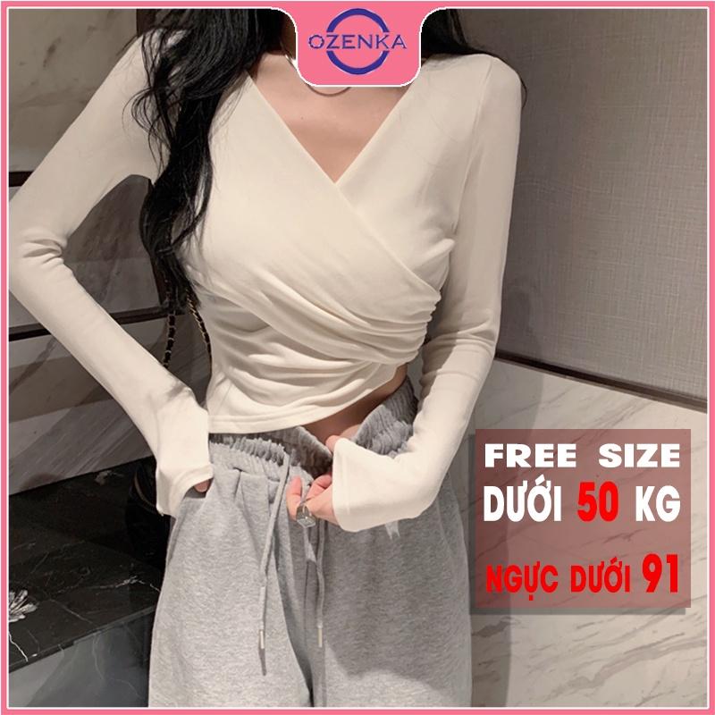 Áo croptop cổ v tay dài ôm nữ OZENKA crt thun gân thời trang đẹp 100% cotton đen trắng free size dưới 50kg