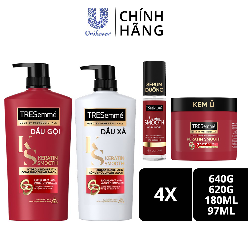 Combo Dầu gội, Dầu xả, Kem ủ &amp; Serum TRESEMME Keratin Smooth Dưỡng tóc vào nếp suôn mượt với công thức Hydrolyzed Keratin 640g, 620g, 180ml, 97ml