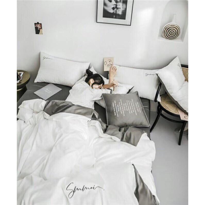 Bộ Chăn Ga Gối Lụa m6/m8/2m - Tiệm Nhà MêuSet 4 Món Tencel Basic Màu Trơn Chữ Sumoi Bóng Siêu Mềm Mát