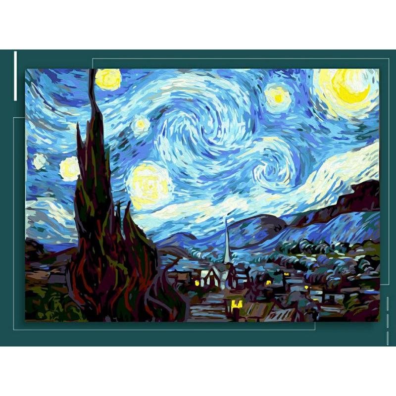 Tranh sơn dầu số hóa DIY khổ 40x50cm đã căng khung- Tranh &quot;The Starry Night&quot; Van Gogh