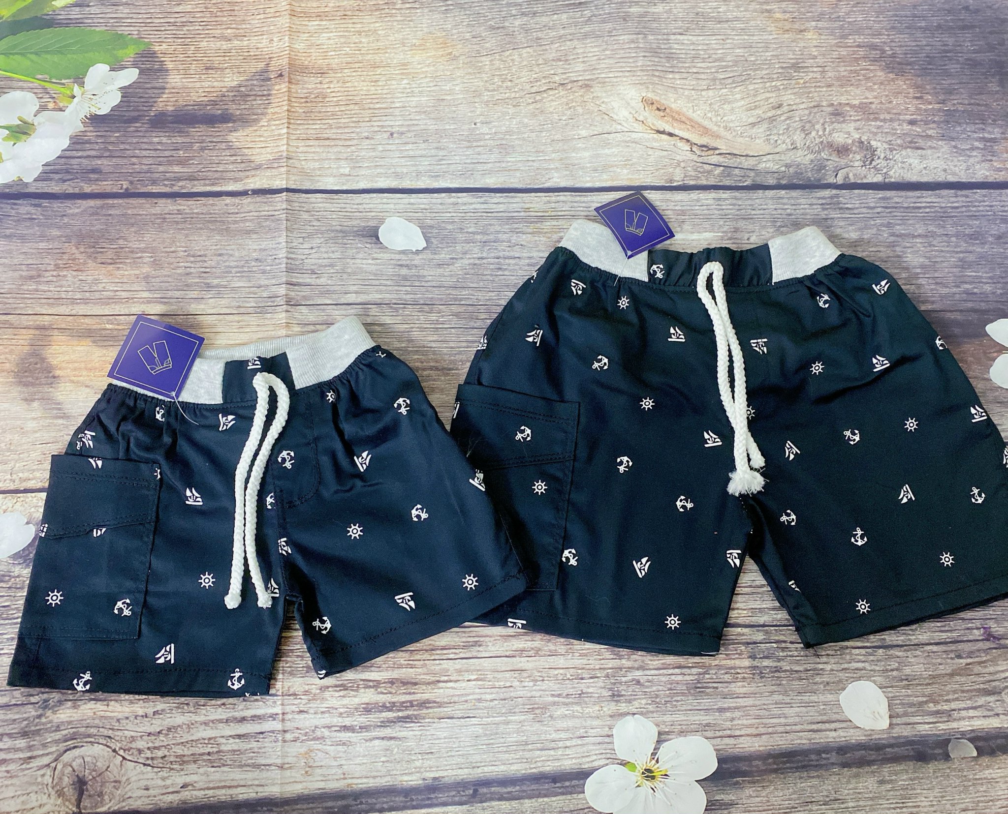 (Sỉ 7)Quần Bé Trai Size 6-17Kg, 5 Tháng Đến 4 Tuổi Đen Hình Mỏ Neo Có 2 Túi, Quần Short Jean Đùi Thun Co Giãn