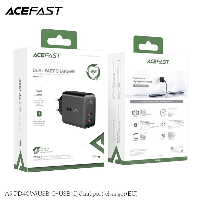 Sạc Acefast PD3.0 40W 2 cổng USB-C (EU) - A9 Hàng chính hãng Acefast