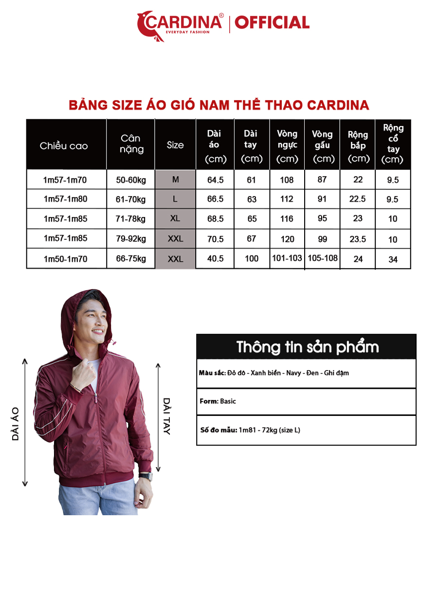 Áo khoác gió nam CARDINA 2 Lớp Lót Lưới Cao Cấp Viền Thể Thao Siêu Nhẹ Cản Gió Giữ Nhiệt Cản Bụi Chống Nước 2GM
