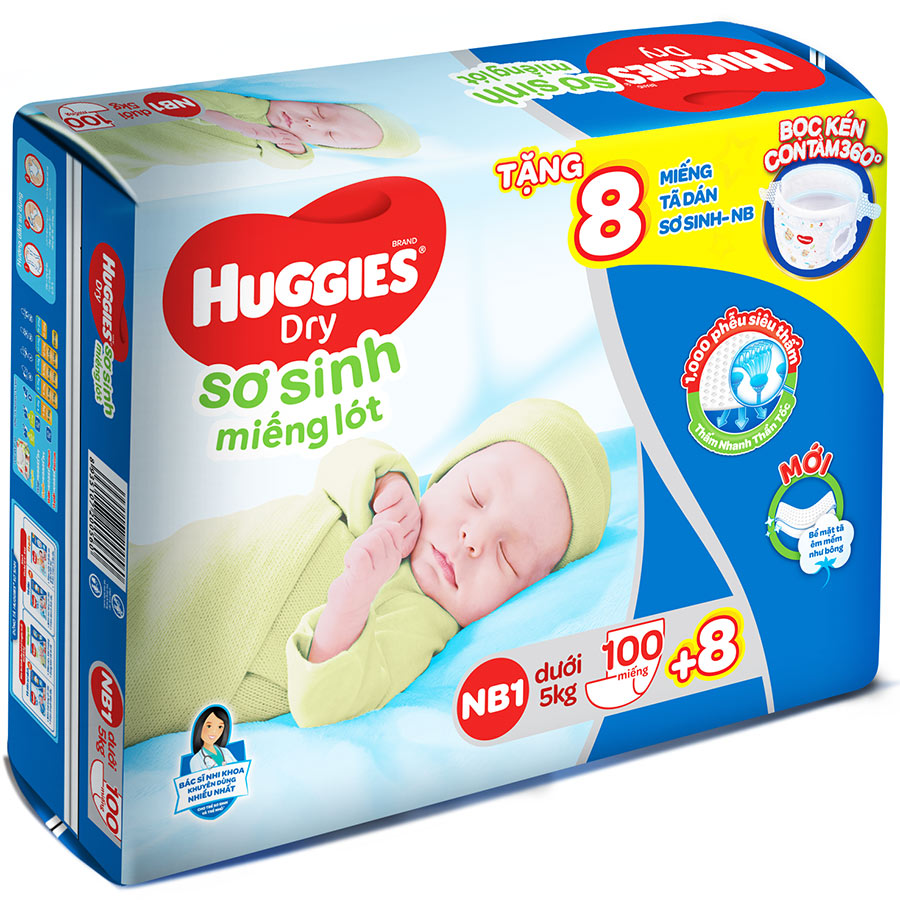 Miếng Lót Sơ Sinh Huggies Dry Newborn 1-100 (100 Miếng) - Tặng 8 miếng